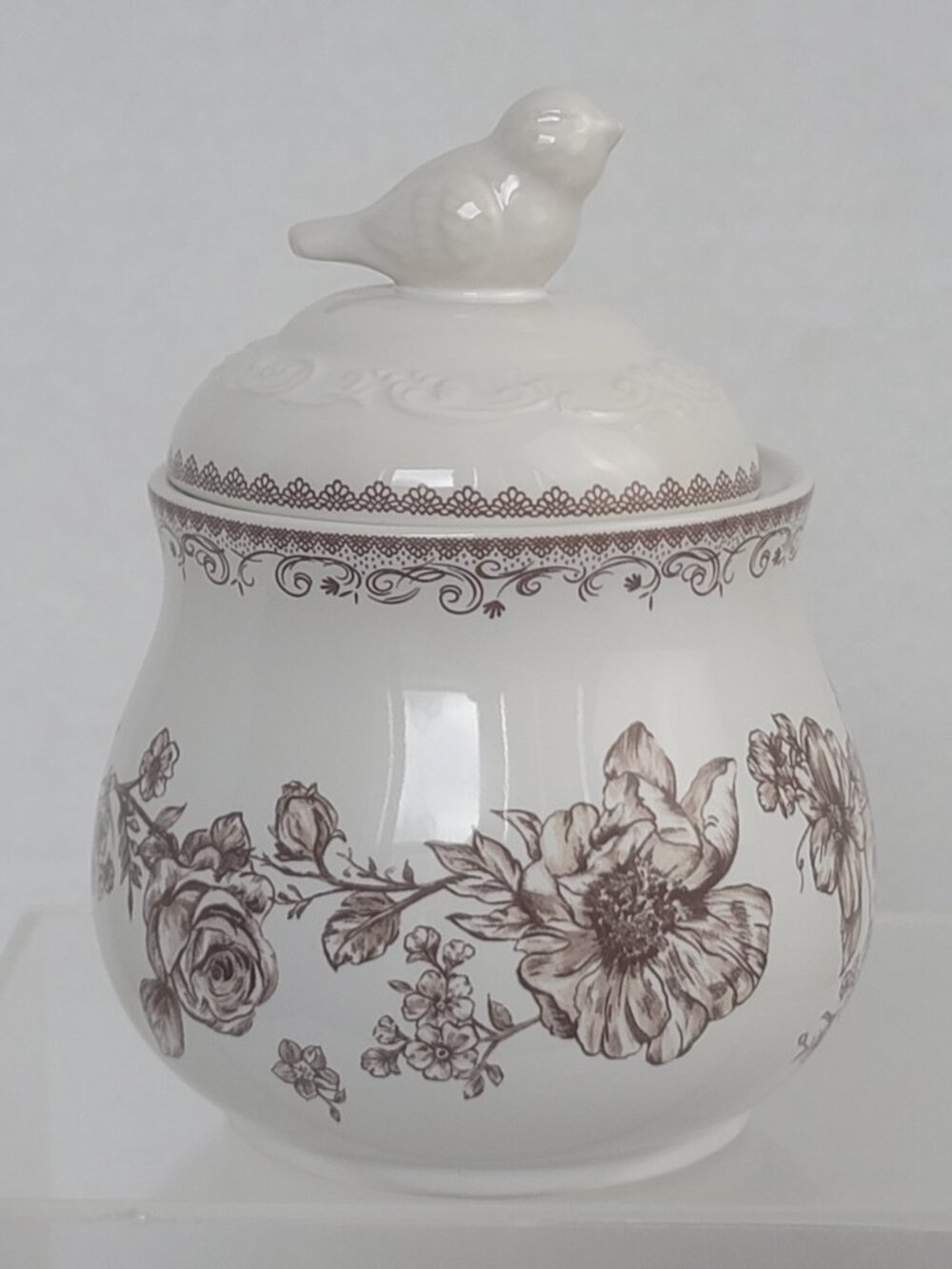 Pioneer Woman Agatha Brown White Bird  Floral Stoneware Sugar Bowl With Lid